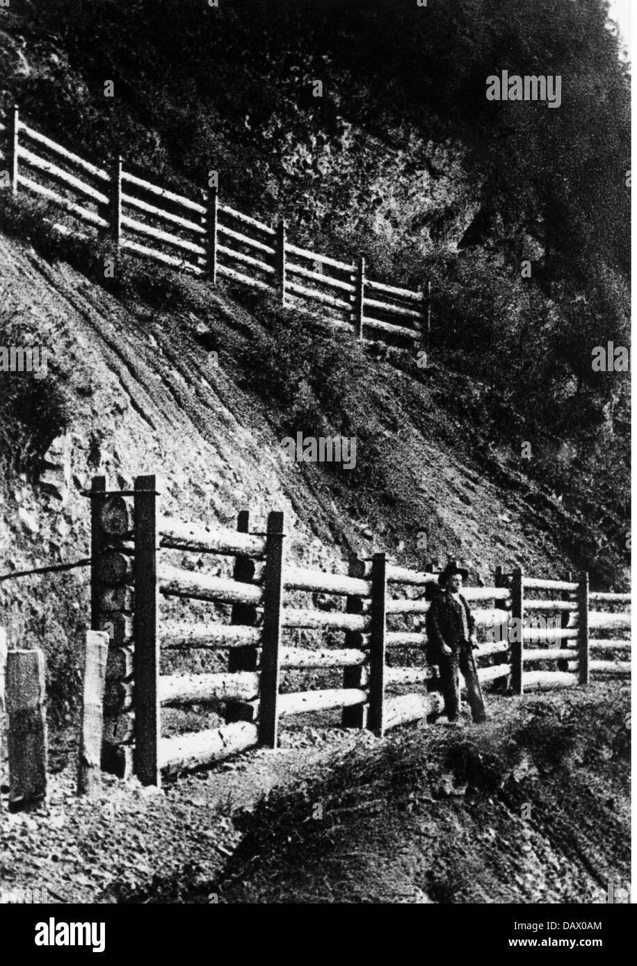 Disastri, valanghe, prevenzione, barriere valanghe, pareti protettive in legno rotondo, Svizzera, anni '30, diritti aggiuntivi-clearences-non disponibili Foto Stock