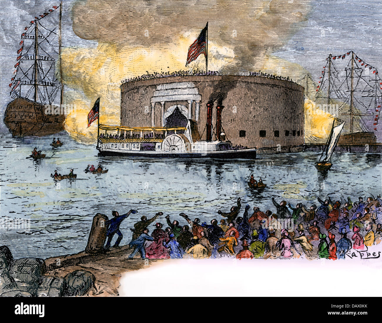 Lafayette lo sbarco a New York per iniziare il suo Grand Tour degli USA, 1824. Colorate a mano la xilografia Foto Stock