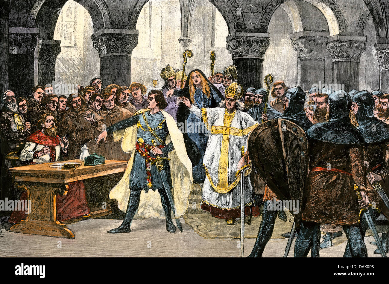 Sacro Romano Imperatore Enrico IV litigare con il Papa Gregorio VII a Worms, 1076. Colorate a mano la xilografia Foto Stock
