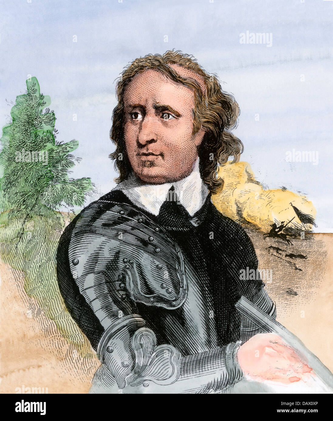Puritan leader Oliver Cromwell durante la Guerra Civile Inglese. Colorate a mano l'incisione Foto Stock
