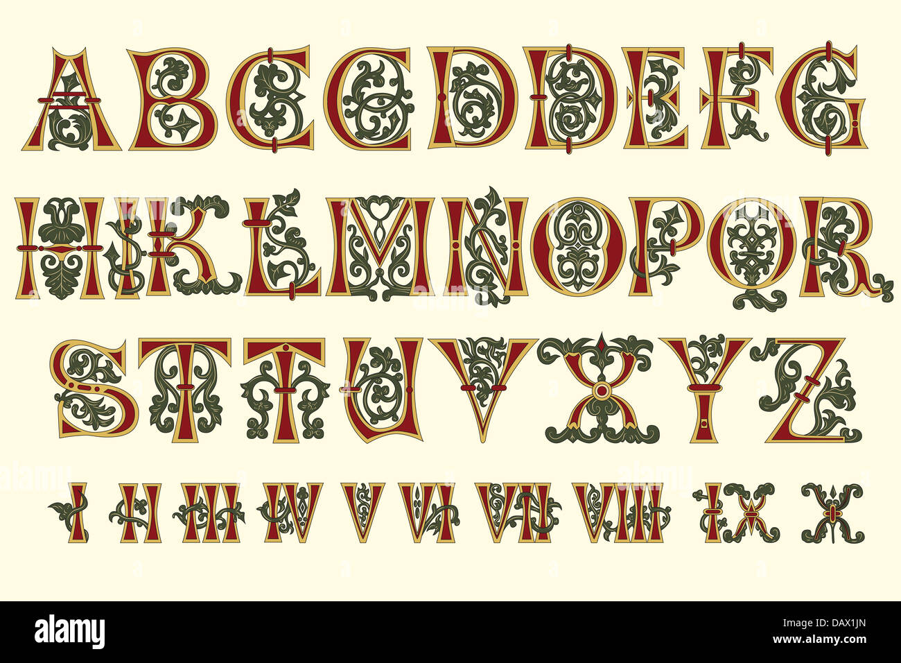 Alfabeto medievale e numeri romani del XI secolo Foto Stock