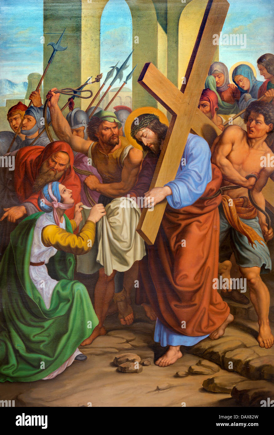 VIENNA - 3 luglio: Gesù e la Veronica sulla croce. Una parte della croce via dal 19. secolo in stile gotico chiesa di Maria am Gestade Foto Stock