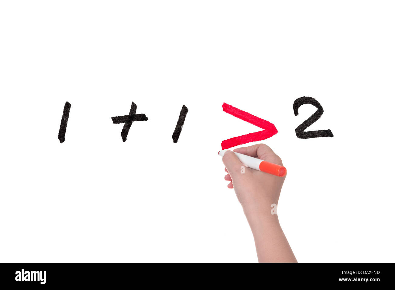 La scrittura a mano su una lavagna bianca, uno più uno superiore a due concept Foto Stock