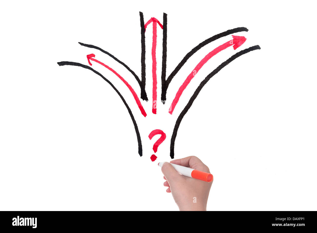 Schizzi a mano su una lavagna bianca, scegliendo fra tre opzioni disponibili Foto Stock