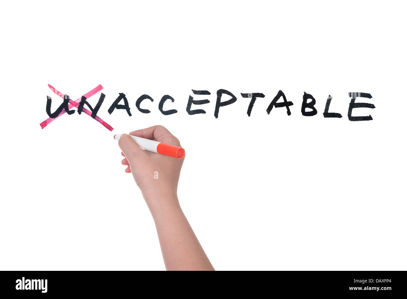 La scrittura a mano su una lavagna bianca, inaccettabile concetto accettabile Foto Stock