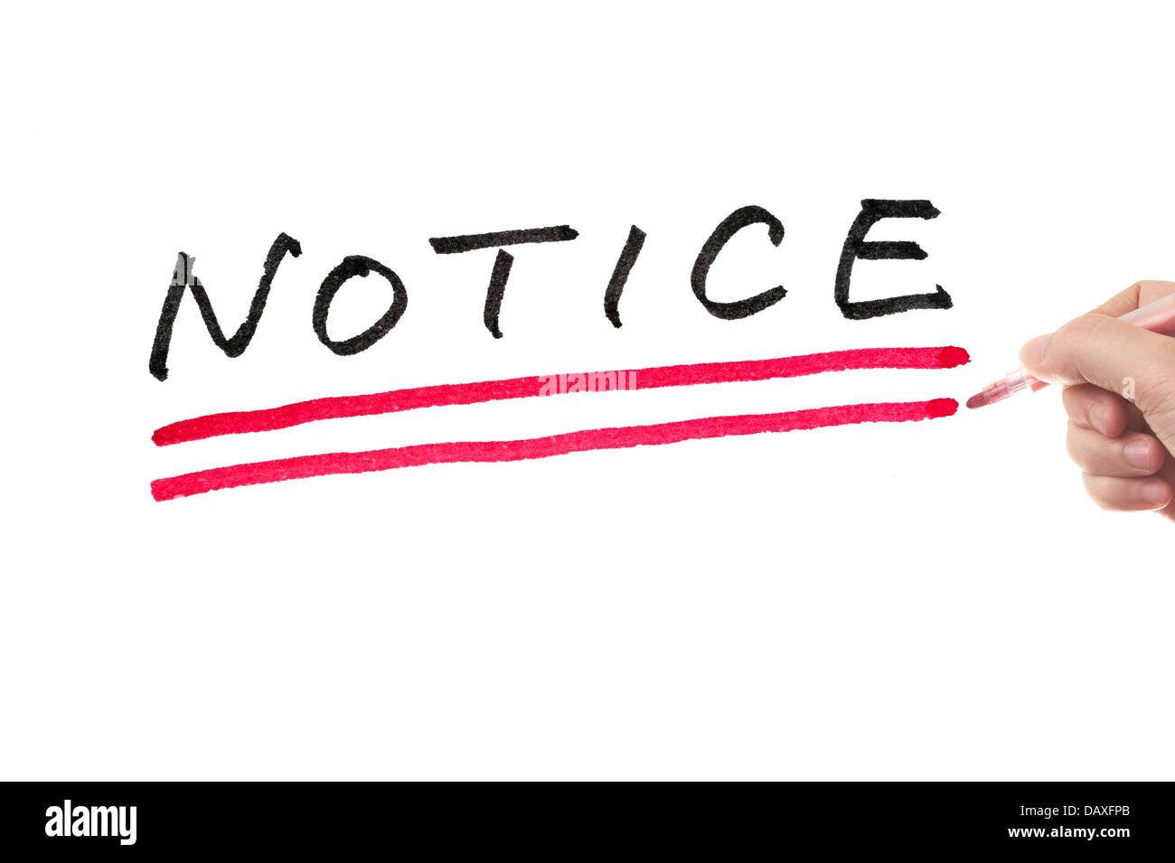 La scrittura a mano avviso parola su una lavagna bianca Foto Stock