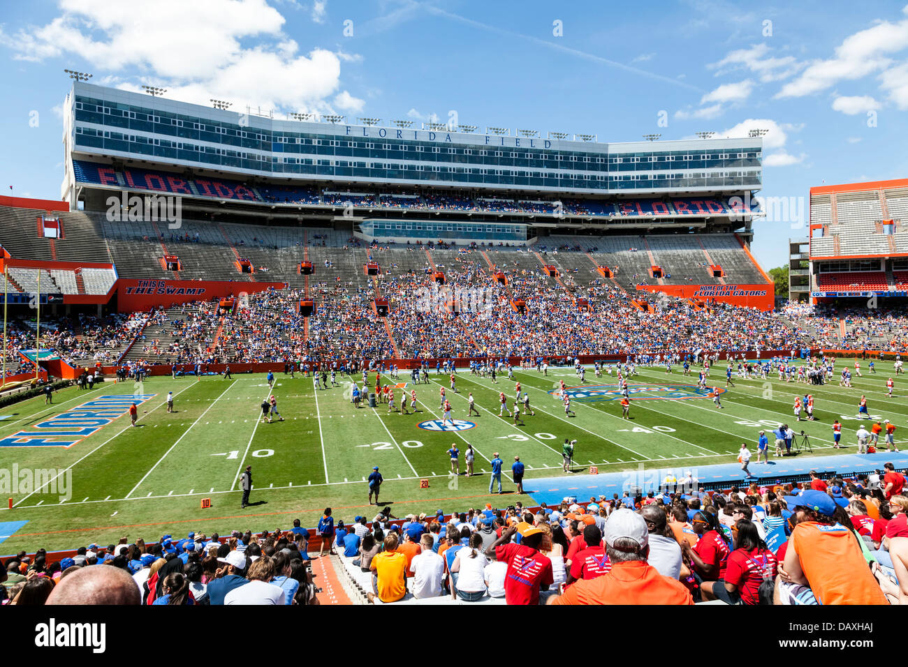 UF Gator 2013 molla annuale arancio e blu del gioco del calcio nel Ben Hill Griffin Stadium Florida campo a.k.a. la palude. Foto Stock