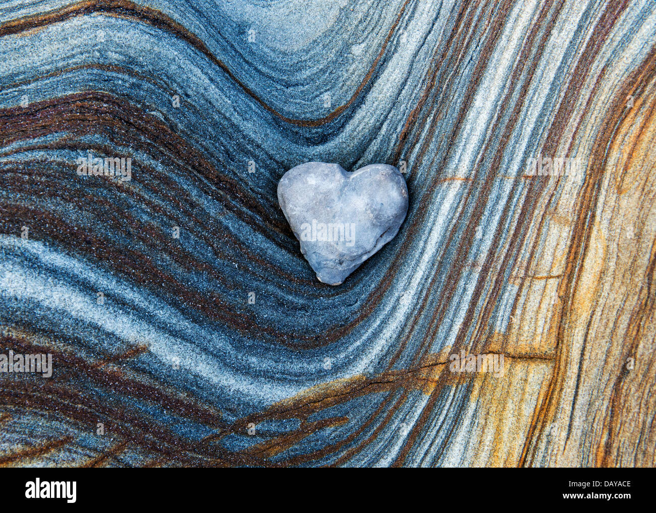 Forma di cuore di ciottoli di arenaria su strati di roccia pattern. Northumberland Costa, Inghilterra Foto Stock