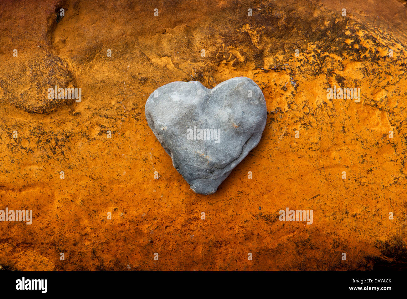 Forma di cuore pebble su roccia arenaria colorata da depositi di ferro da una metropolitana fonte di acqua Foto Stock