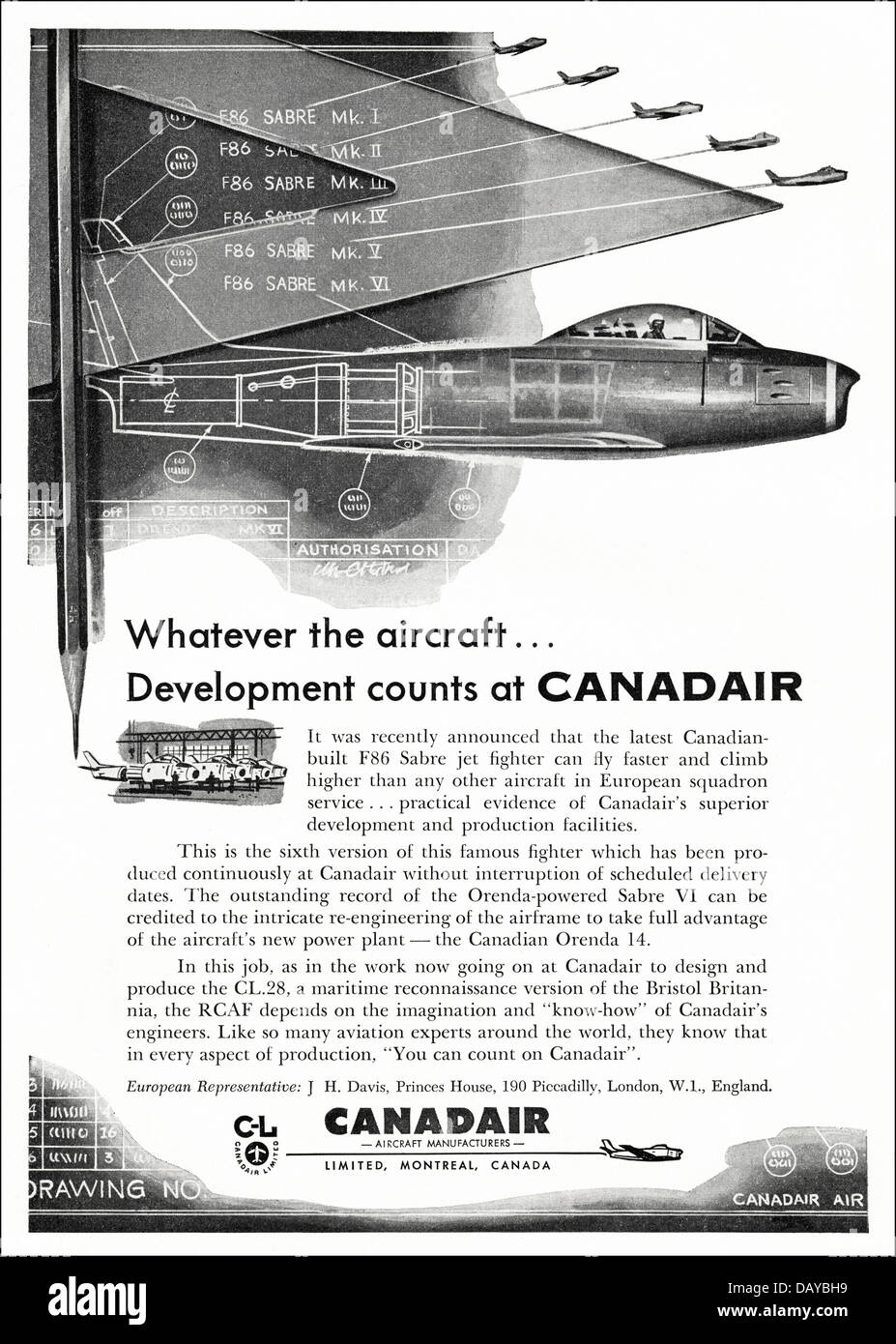 Annuncio per Canadair limitata Montreal Canada del costruttore di aeromobili annuncio nella rivista di settore circa 1955 Foto Stock