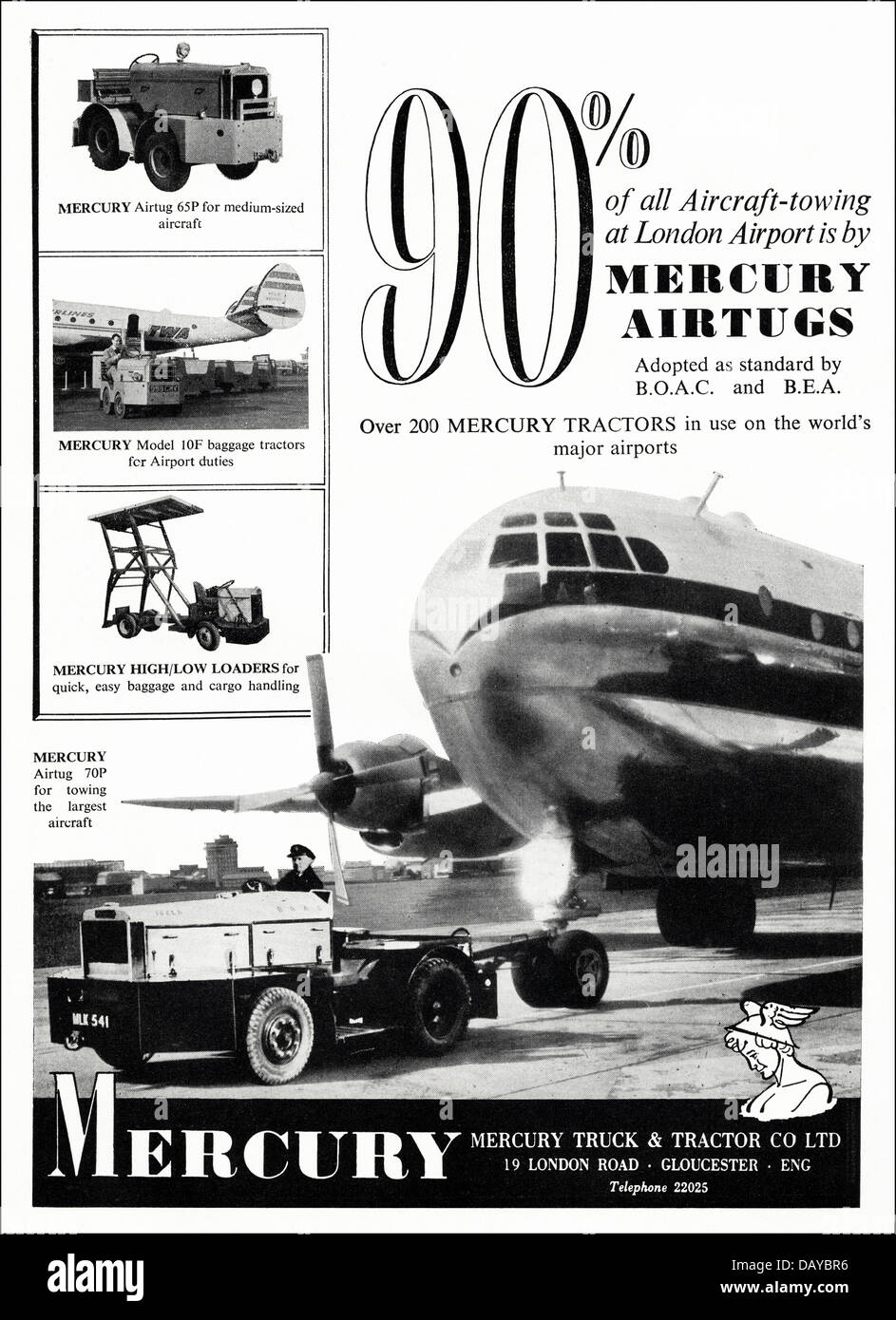 Annuncio per gli aerei i trattori da traino dal mercurio carrello trattore & Co Ltd Gloucester Regno Unito Inghilterra fornitori per il settore aeronautico annuncio nella rivista di settore circa 1955 Foto Stock