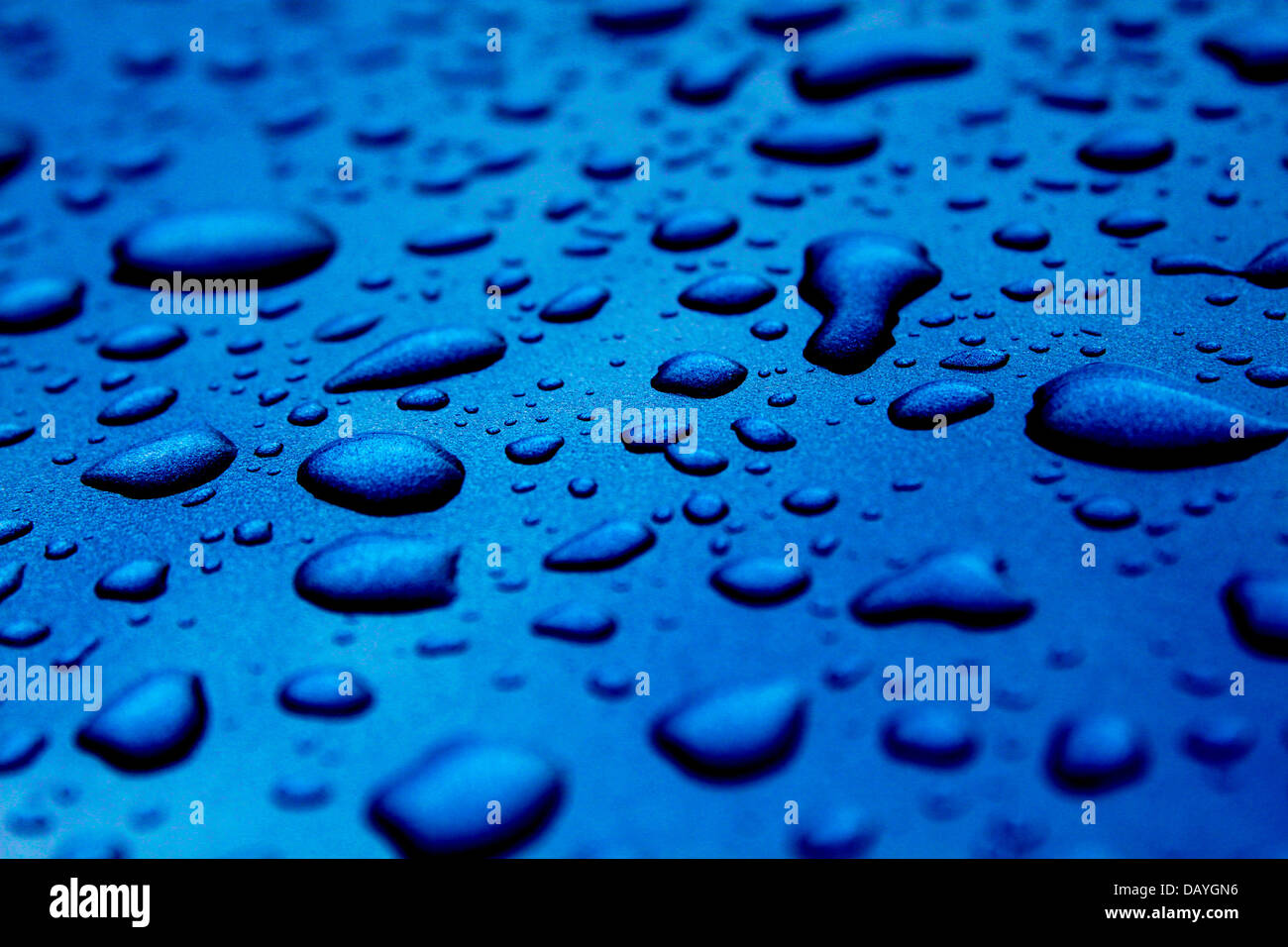 Le goccioline di acqua in blu Foto Stock