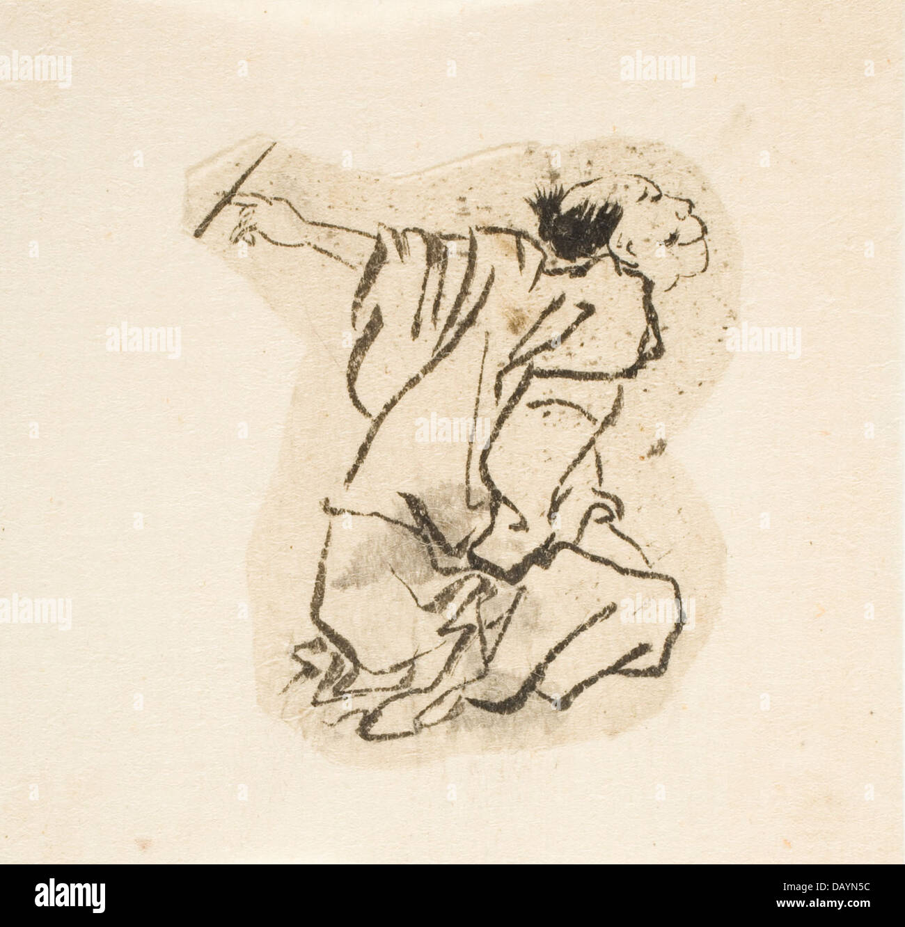 Questa scultura di un uomo inginocchiato, parte della collezione di LACMA, ritrae la figura umana in una posa naturalistica e contemplativa. L'opera mostra la comprensione dell'artista dell'anatomia e dell'espressione umana. Foto Stock