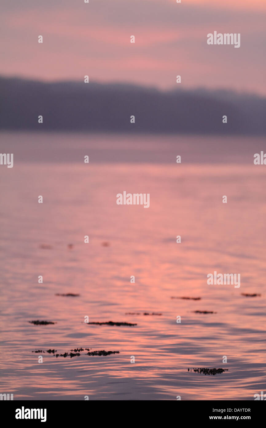 La prima luce del giorno che riflette in quasi calme acque del Fiordo di Vejle in Danimarca. Foto Stock