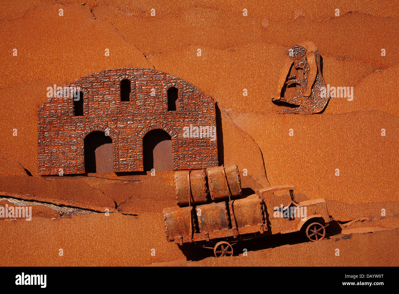 Pubblico scultura in acciaio da Bill Clarke, per commemorare i 150 anni di allevamento, Roxburgh di Central Otago, Isola del Sud, Nuova Zelanda Foto Stock