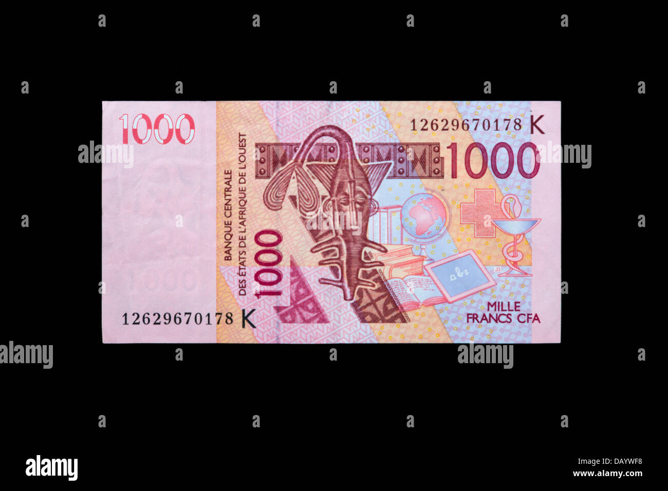 West African Franc banconota, lato anteriore. Mille franchi CFA. Foto Stock