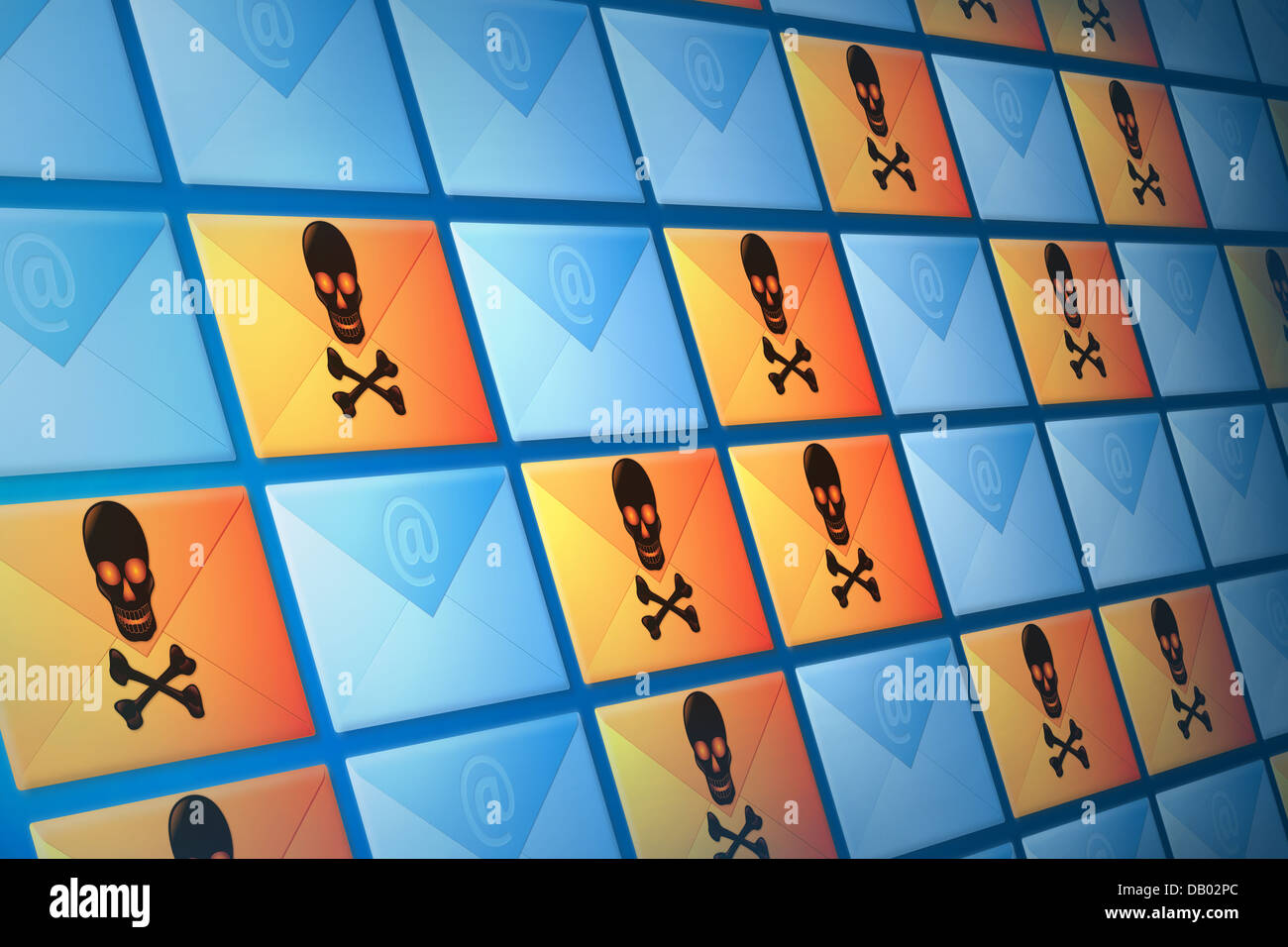Concettuale, muro continuo dei messaggi di posta elettronica. Di sicuro le email sono mescolati con i messaggi di posta elettronica infetti da virus elettronici Foto Stock