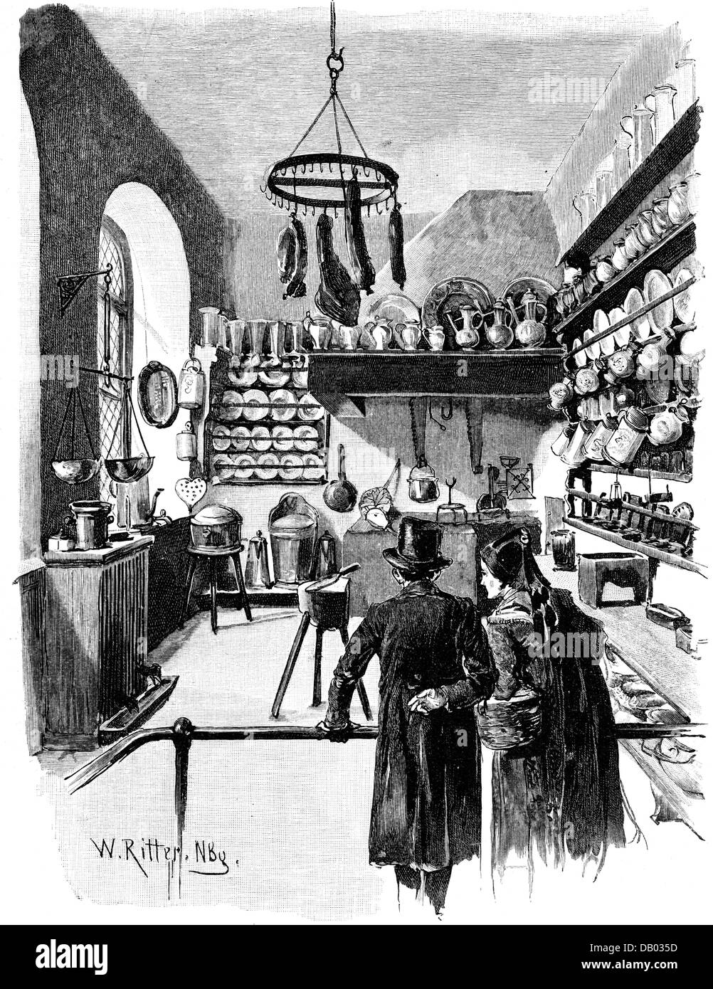 Casa, cucina, showroom nel Museo Nazionale di Norimberga, visitatore, incisione del legno, Germania, 19 ° secolo, utensili da cucina, pentole e padelle, stoviglie, casa, famiglie, cucina, cucine, showroom, showroom, visitatori, storico, storico, persone, diritti aggiuntivi-clearences-non disponibili Foto Stock