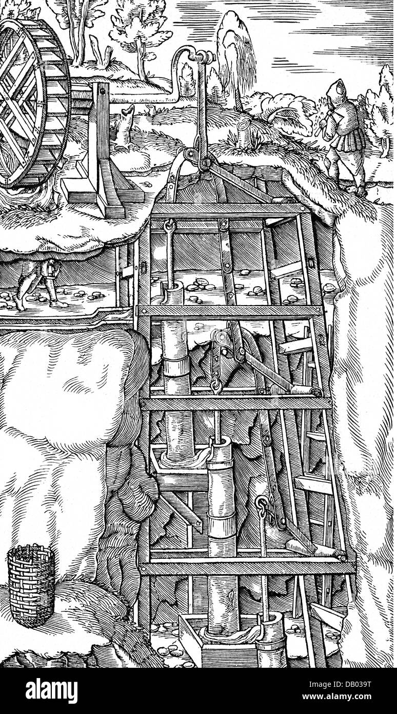 Estrazione mineraria, miniera, dispositivo di pompaggio, taglio del legno, 'De re metallica libri XII' di Georgius agricola, Basilea, 1556, diritti aggiuntivi-clearences-non disponibili Foto Stock