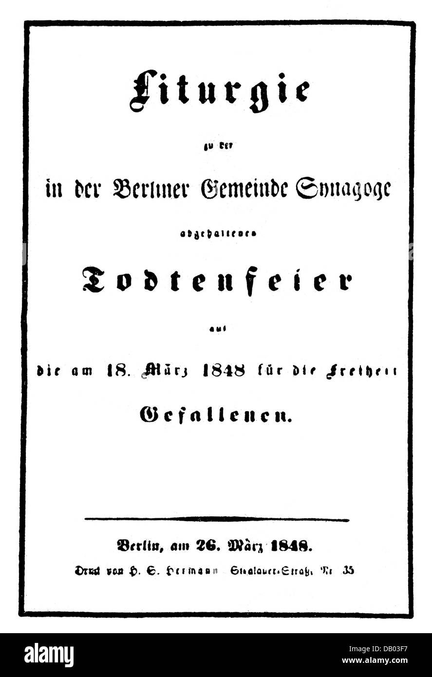 Eventi, rivoluzione 1848 - 1849, Germania, Berlino, annuncio di un'osssequie per i morti del 18.3.1848, Sinagoga di Berlino somunità, 26.3.1848, ebrei, giudaismo, rivolta di marcia, caduto, liturgia, Prussia, 19 ° secolo, storico, storico, diritti aggiuntivi-clearences-non disponibili Foto Stock