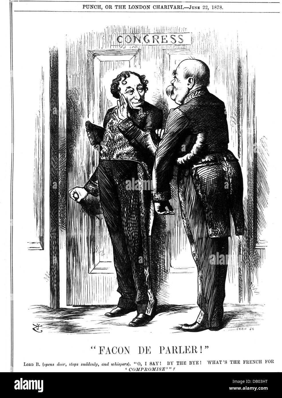 Politica, conferenze, Congresso di Berlino 13.6. - 13.7.1878, il primo ministro britannico Benjamin Disraeli e il cancelliere tedesco otto von Bismarck, 'Facon de parler', incisione del legno, 'Punch', Londra, 22.6.1878, diritti aggiuntivi-clearences-non disponibili Foto Stock