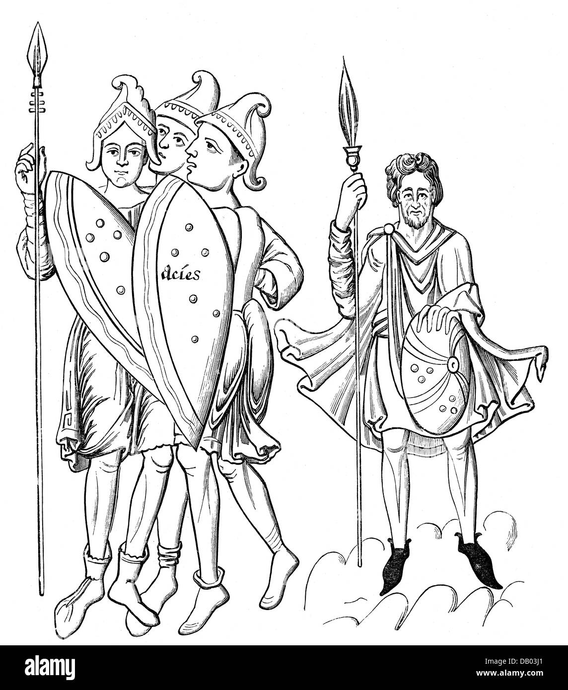 Militare, Bisanzio, soldati bizantini (sinistra) e guerriero germanico (destra), incisione del legno, XIX secolo, dopo manoscritti dal VI al XII secolo, soldato, soldati, germanico, Teutone, popolo germanico, Teutoni, Impero Romano d'Oriente, Romano, Romani, Impero Bizantino, Bizantino, Bizantini, armi, armi, armi, armi, braccio, lancia, casco, casco, scudo, Medio Evo, casco, casco, scudo, casco, scudo, casco, scudo, scudo, Medievale, medievale, storico, storico, diritti-aggiuntivi-non-disponibili Foto Stock