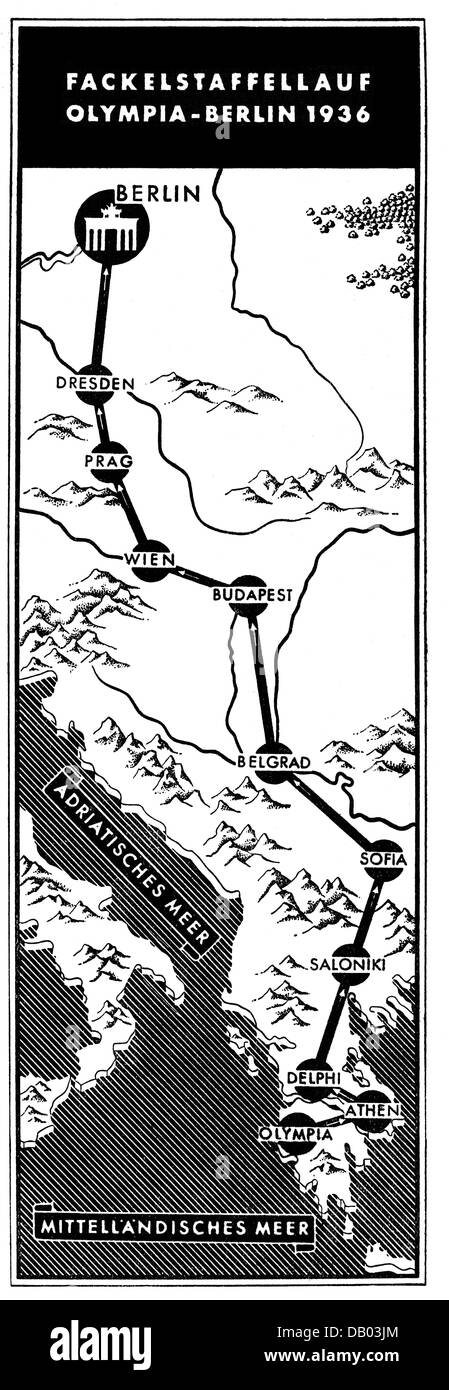 Sport, Giochi Olimpici, Berlino 1.- 16.8.1936, rotta della torcia relè da Olympia a Berlino, mappa, 1936, giochi estivi, XI Olympiad, Germania, anni trenta, XX secolo, storico, storico, diritti aggiuntivi-clearences-non disponibile Foto Stock