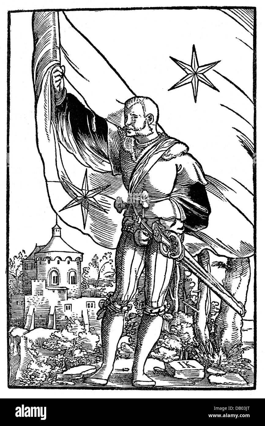 Militare, Germania, XVI secolo, portatore della libera città imperiale di Kaufbeuren, taglio di legno di 'Wapen', di Jakob Koebel, Francoforte sul meno, 1545, , diritti aggiuntivi-clearences-non disponibili Foto Stock