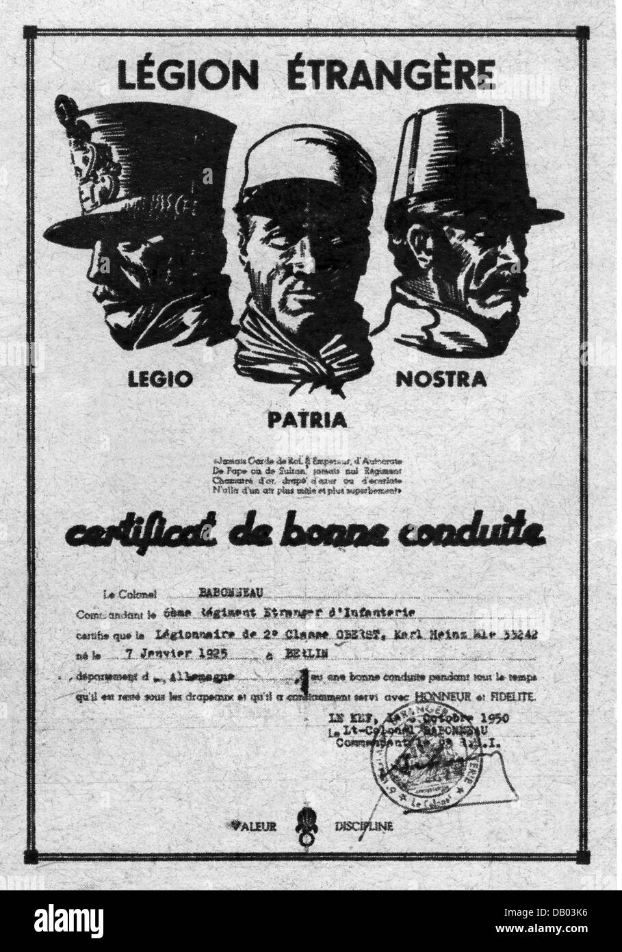 Militare, Francia, Legione straniera francese (Legione Etrangere), certificato di buona condotta per il legionario tedesco Karl Heinz Oberst, ottobre 1950, diritti aggiuntivi-clearences-non disponibile Foto Stock