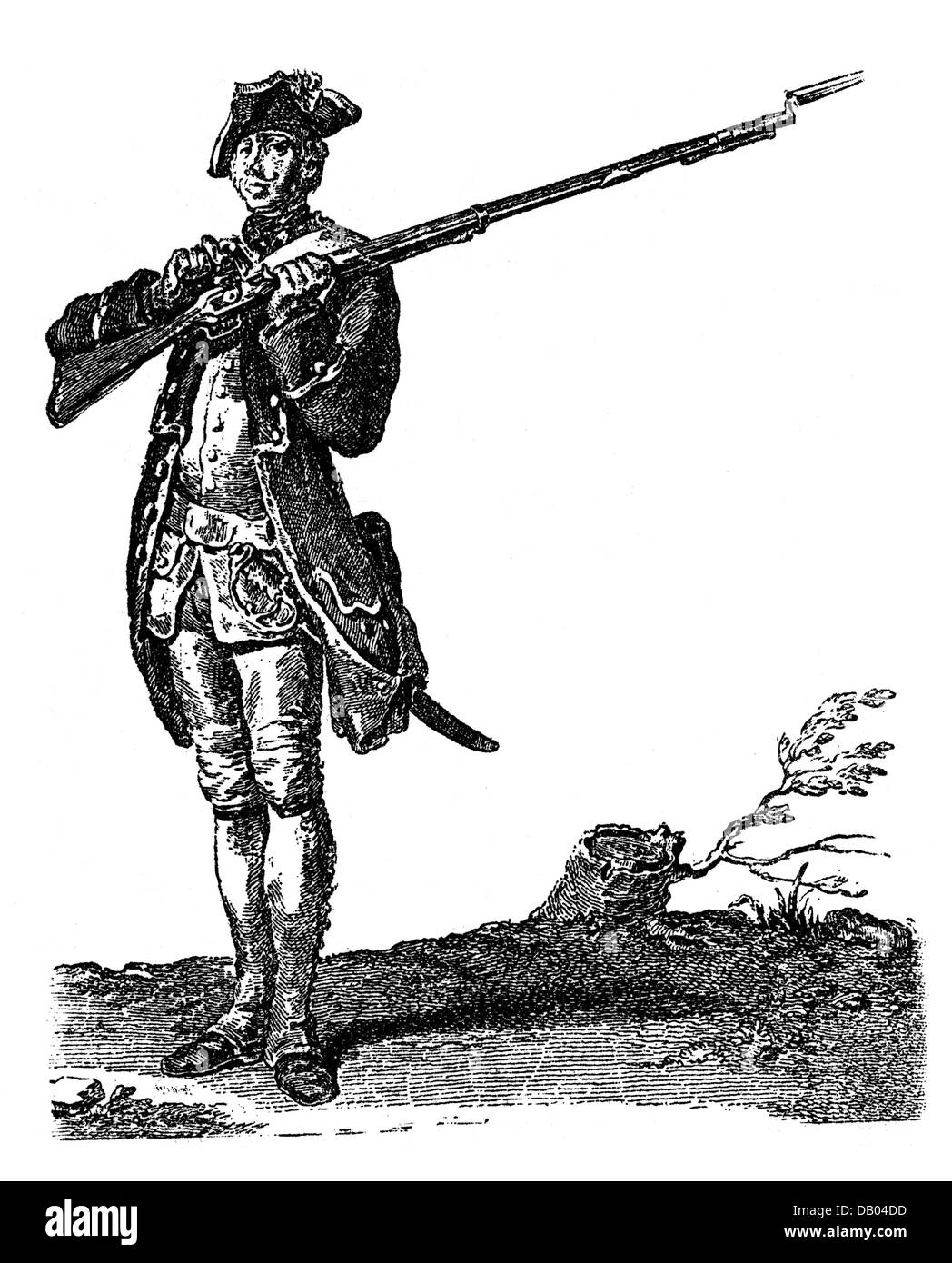 Militari, Francia, esercito, fanteria, soldato caricando il suo moschetto, versando polvere sul flash pan, dopo incisione su rame da Gravelot, 1766, artista del diritto d'autore non deve essere cancellata Foto Stock