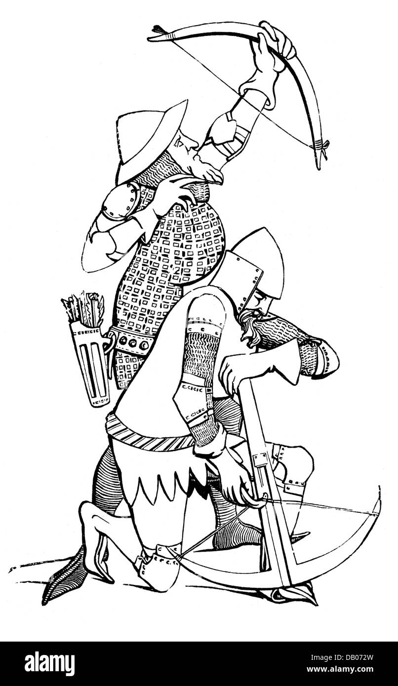 Militare, Medioevo, fanteria, arciere e crossbowman, incisione del legno, 19 ° secolo, dopo miniatura, 15 ° secolo, arco, archi, balestra, archi, archi, stiramento, tiro, sparare, soldati, soldato, fantino, fantino, guerra, guerre, storico, medievale, persone, diritti aggiuntivi-clearences-non disponibili Foto Stock