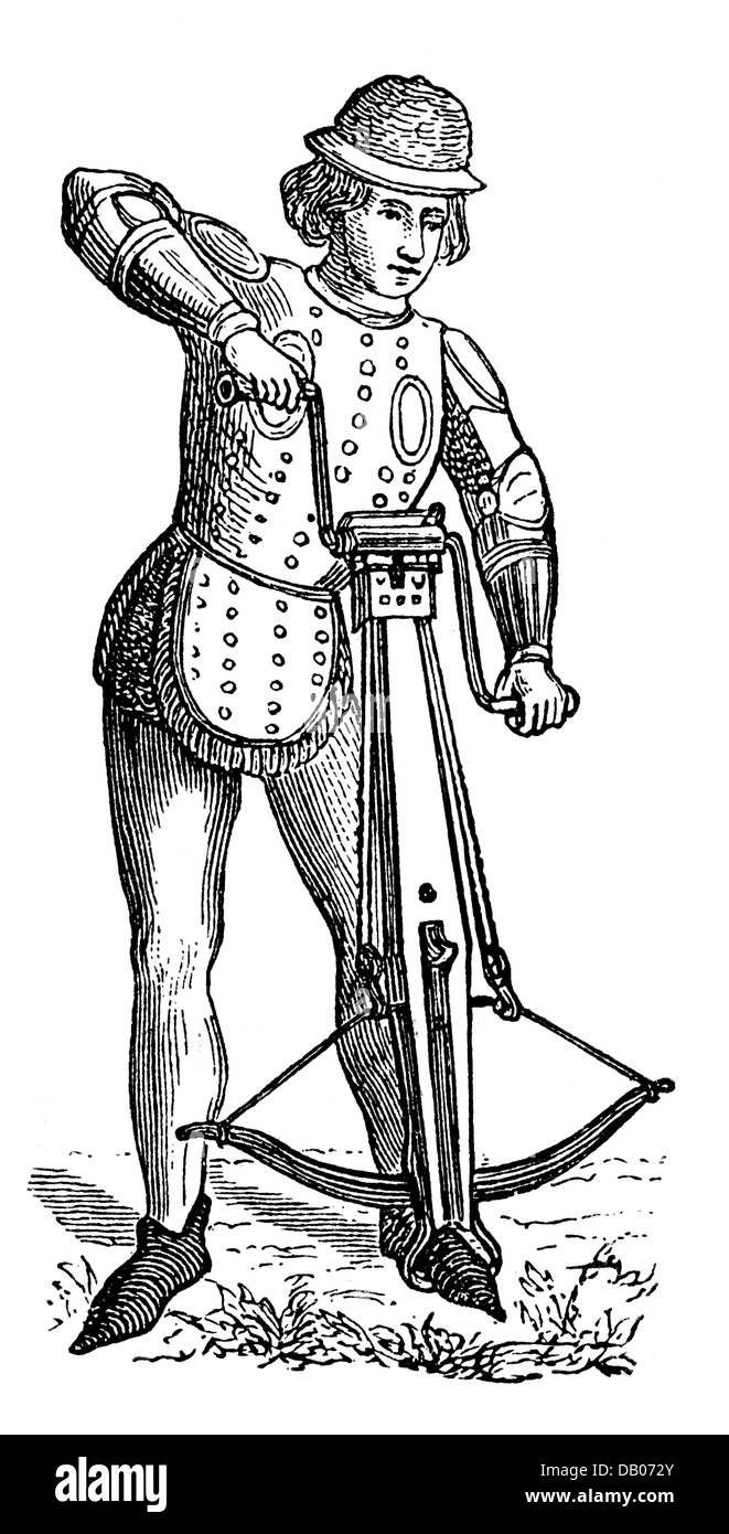 Militare, Medioevo, fanteria, crossbowman, che attraversa il crossbow con una puleggia, incisione in legno, 19 ° secolo, dopo miniatura, 15 ° secolo, armi, armi, armi, armi, soldati, soldati, fanteria, fanteria, guerra, guerre, storico, storico, medievale, persone, diritti aggiuntivi-clearences-non disponibile Foto Stock