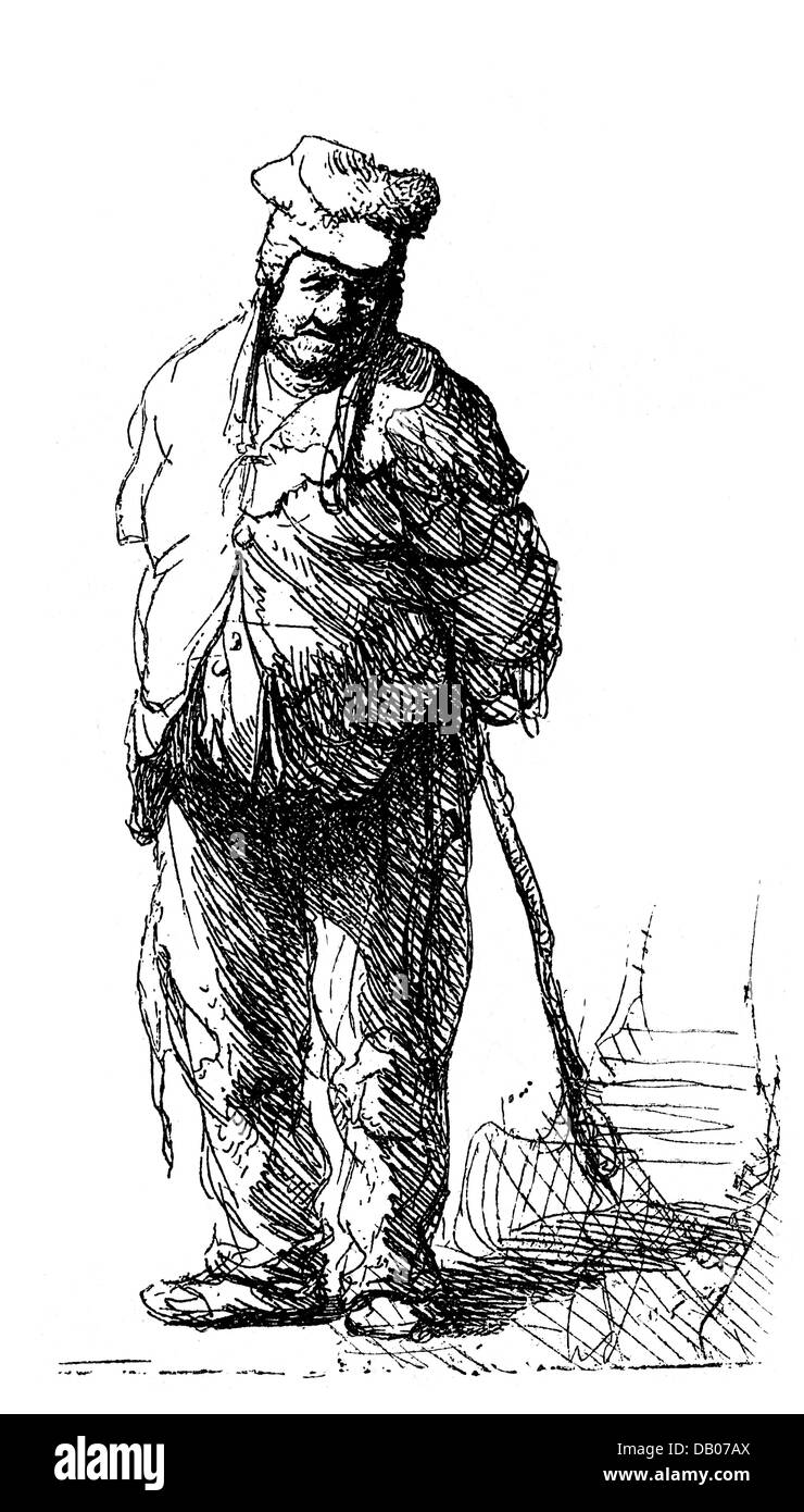 Rembrandt, Harmensz van Rijn, (1606 - 1669), incisione, 'un uomo in stracci in piedi con le mani dietro la schiena', circa 1630, 9,2 x 6,7 cm, diritti-aggiuntivi-clearences-non disponibile Foto Stock
