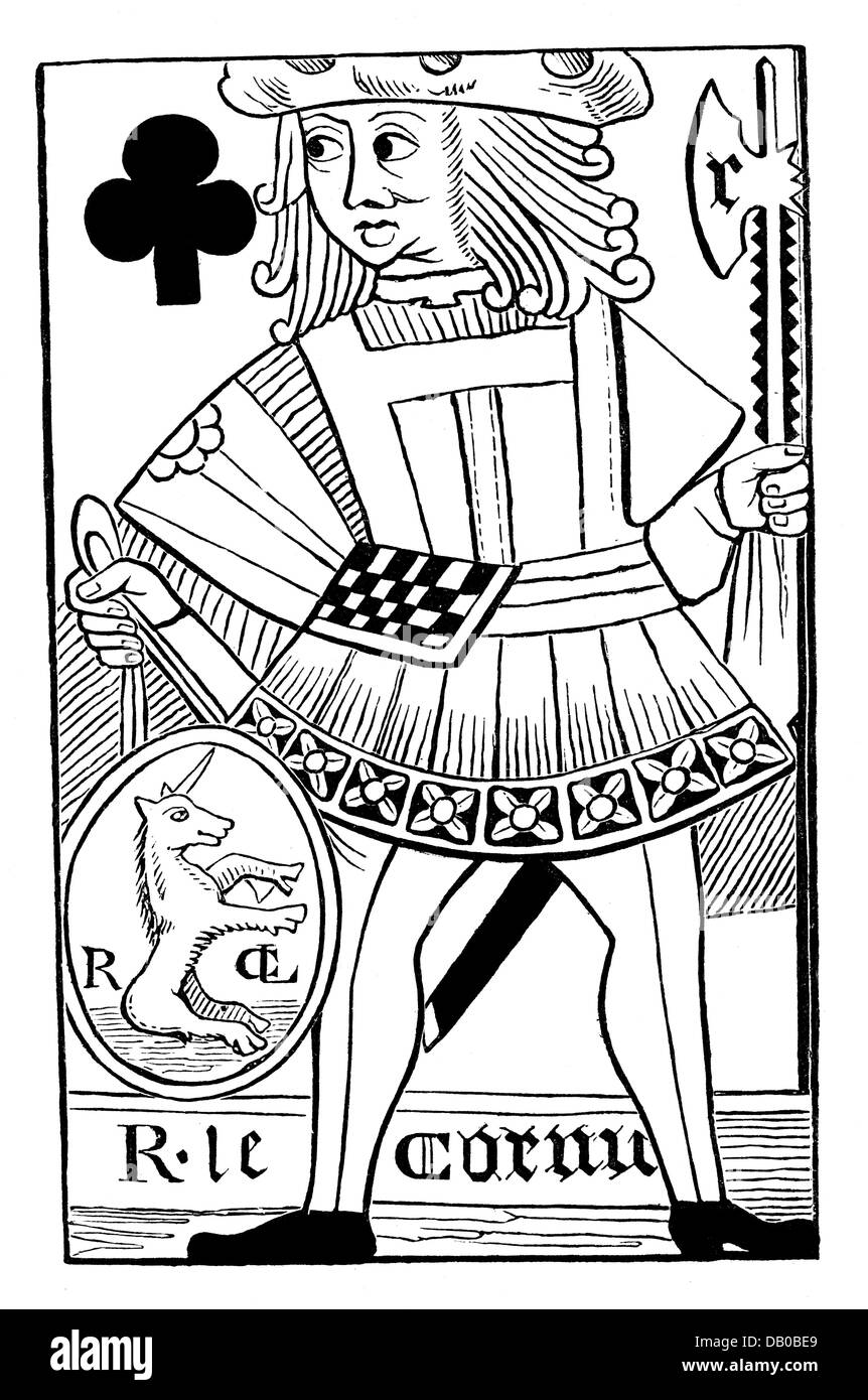 Gioco, carta, carta da gioco, francese, jack di club, dal mazzo di R. le Cornu, 16 ° secolo, incisione in legno, Biblioteca Imperiale, Parigi, Rinascimento, Club, jack, a lunghezza intera, vestiti, in piedi, halberd, halberds, stemma, unicorno, unicorni, storico, storico, uomini, uomo, uomo, uomo, persone, diritti aggiuntivi-clearences-non disponibili Foto Stock
