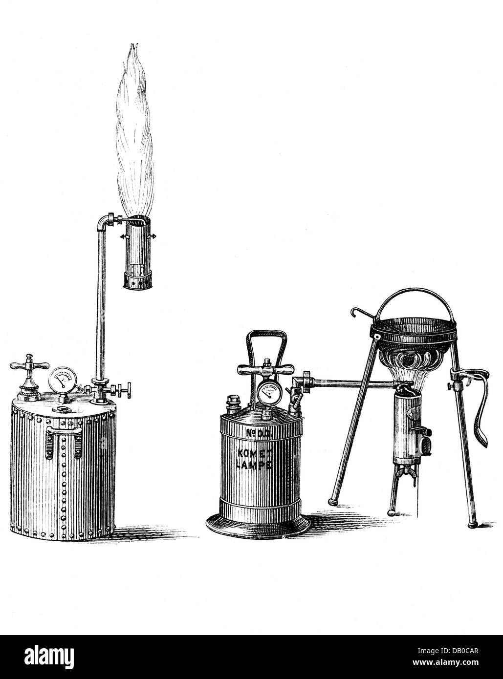Energia, petrolio, 'Kometfackel' (torcia cometa), per la cottura e il riscaldamento di vapore utilizzabile, di H. Meihack, Amburgo, incisione del legno, prima del 1896, diritti-aggiuntivi-clearences-non disponibile Foto Stock