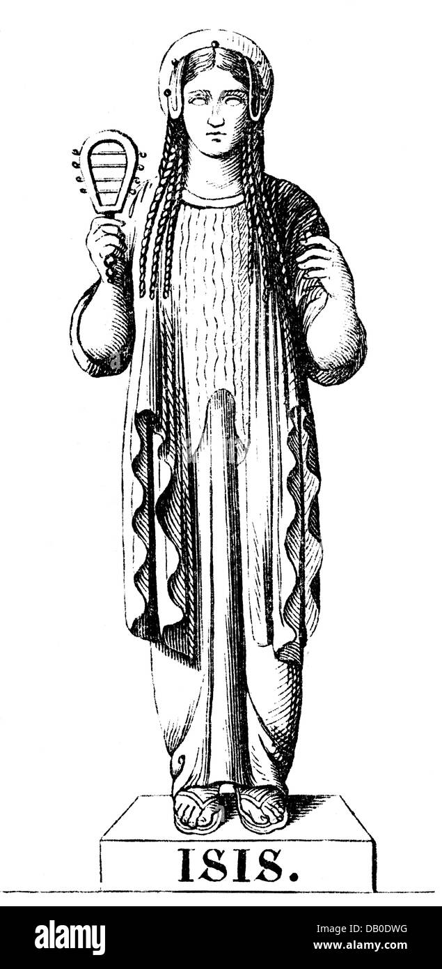Isis, dea egiziana, a lunghezza intera, incisione in legno, 19th secolo, dopo l'antica statua romana, Foto Stock