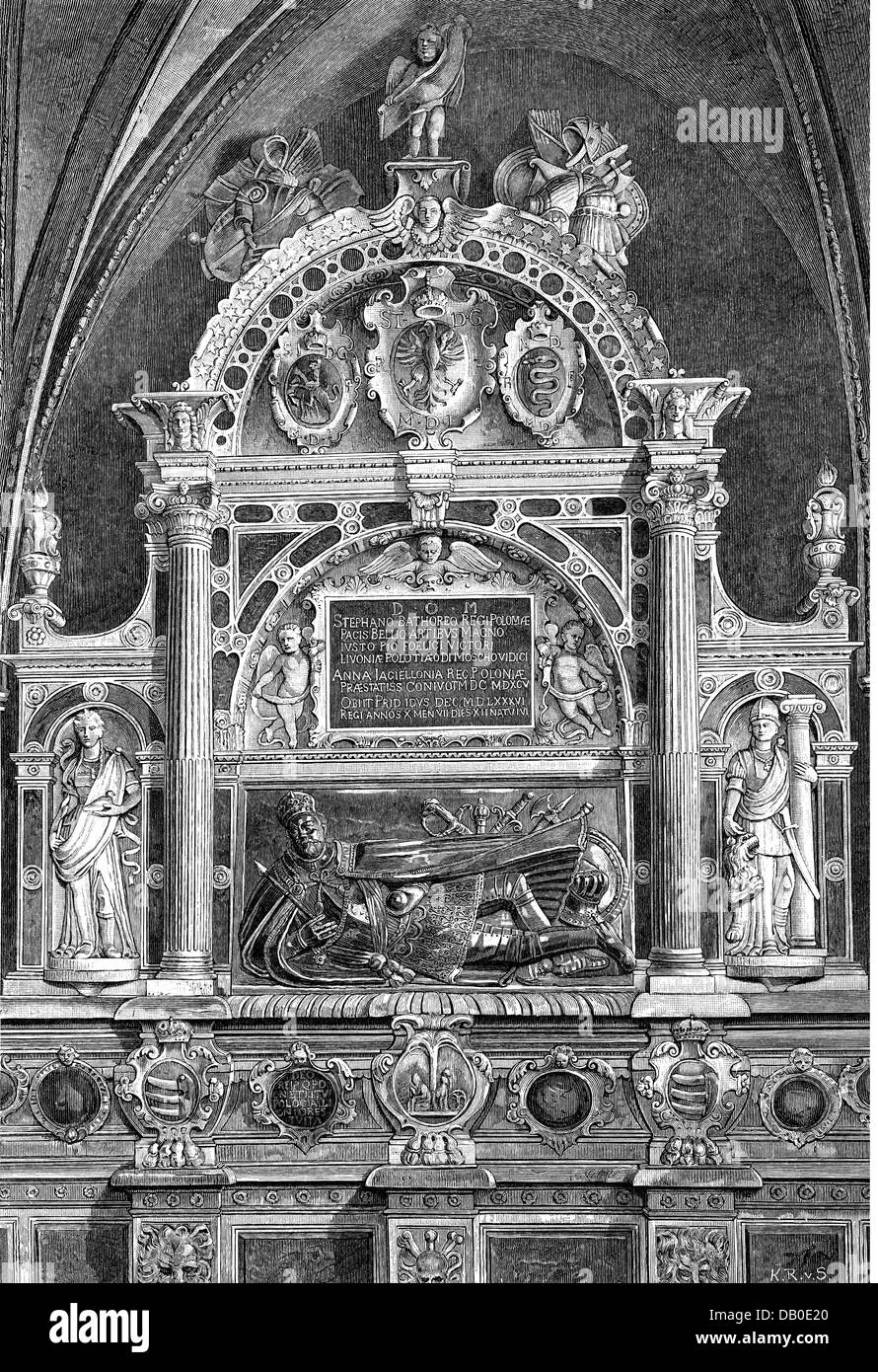 Stephen Bathory, 27.9.1533 - 12.12.1586, Re di Polonia 14.12.1575 - 12.12.1586, tomba, cattedrale di Cracovia, incisione in legno, 19th secolo, Foto Stock