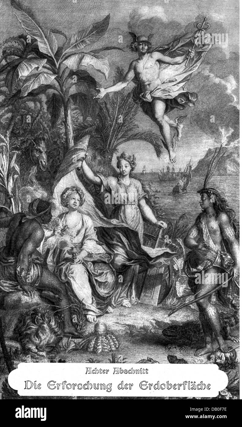 Geografia / viaggi, allegorie, i continenti di Africa, Asia, Europa e America, dopo incisione su rame di Bernard Picart, inizio del XVIII secolo, artista del diritto d'autore non deve essere cancellata Foto Stock