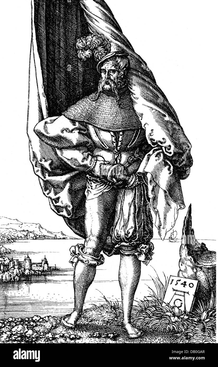 Araldica, militare, Lansquenet, insegna, incisione su rame da Heinrich Aldegrever 1540, artista del diritto d'autore non deve essere cancellata Foto Stock