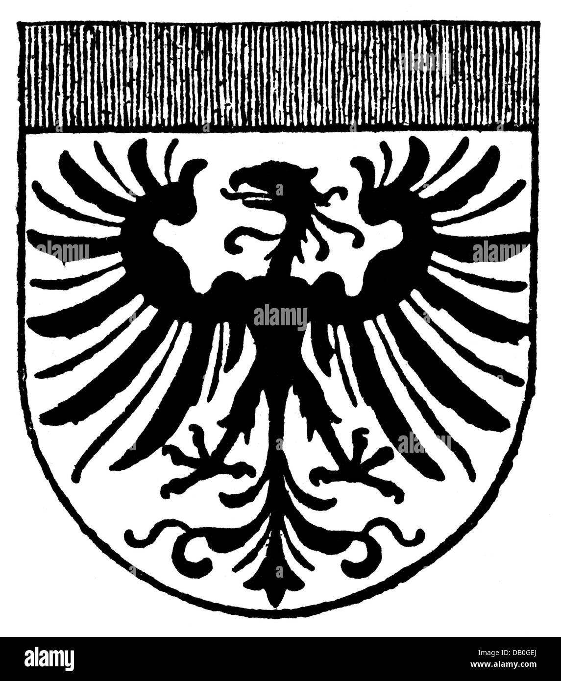 Araldica, stemma, Svizzera, armi cittadine, Aquisgrana, incisione del legno, 1892. aquila, aquile, animale araldico, animali araldici, conferimento svizzero, Europa centrale, storico, storico, XIX secolo, diritti aggiuntivi-non disponibili Foto Stock