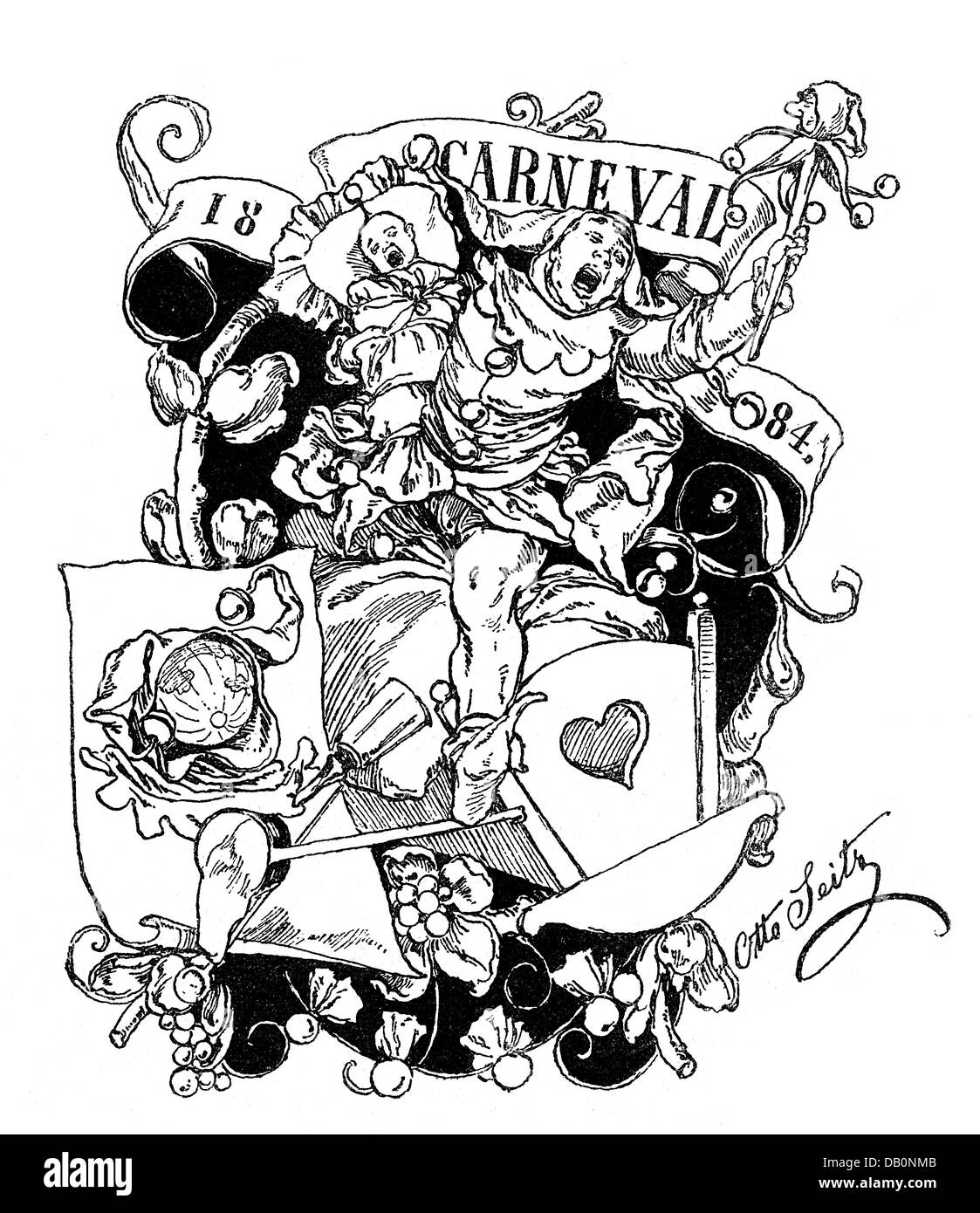 Festeggiamenti, carnevale, giostra che presenta il carnevale neonato 1884, incisione in legno, di otto Seitz (1846 - 1912), da: 'Vom Fels zum Meer - Rivista illustrato di Spemann per la Casa tedesca', Stoccarda, 1883 / 1884, diritti aggiuntivi-clearences-non disponibile Foto Stock