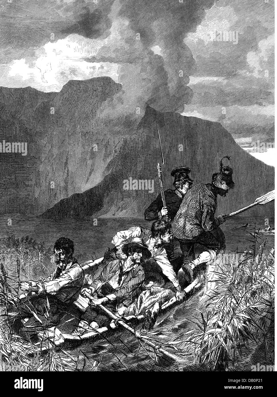 Polizia, Germania, incarico, inseguimento di un evader su un lago in alta Baviera, incisione del legno dopo disegno di W. Diez, circa 1880, Additional-Rights-Clearences-non disponibile Foto Stock