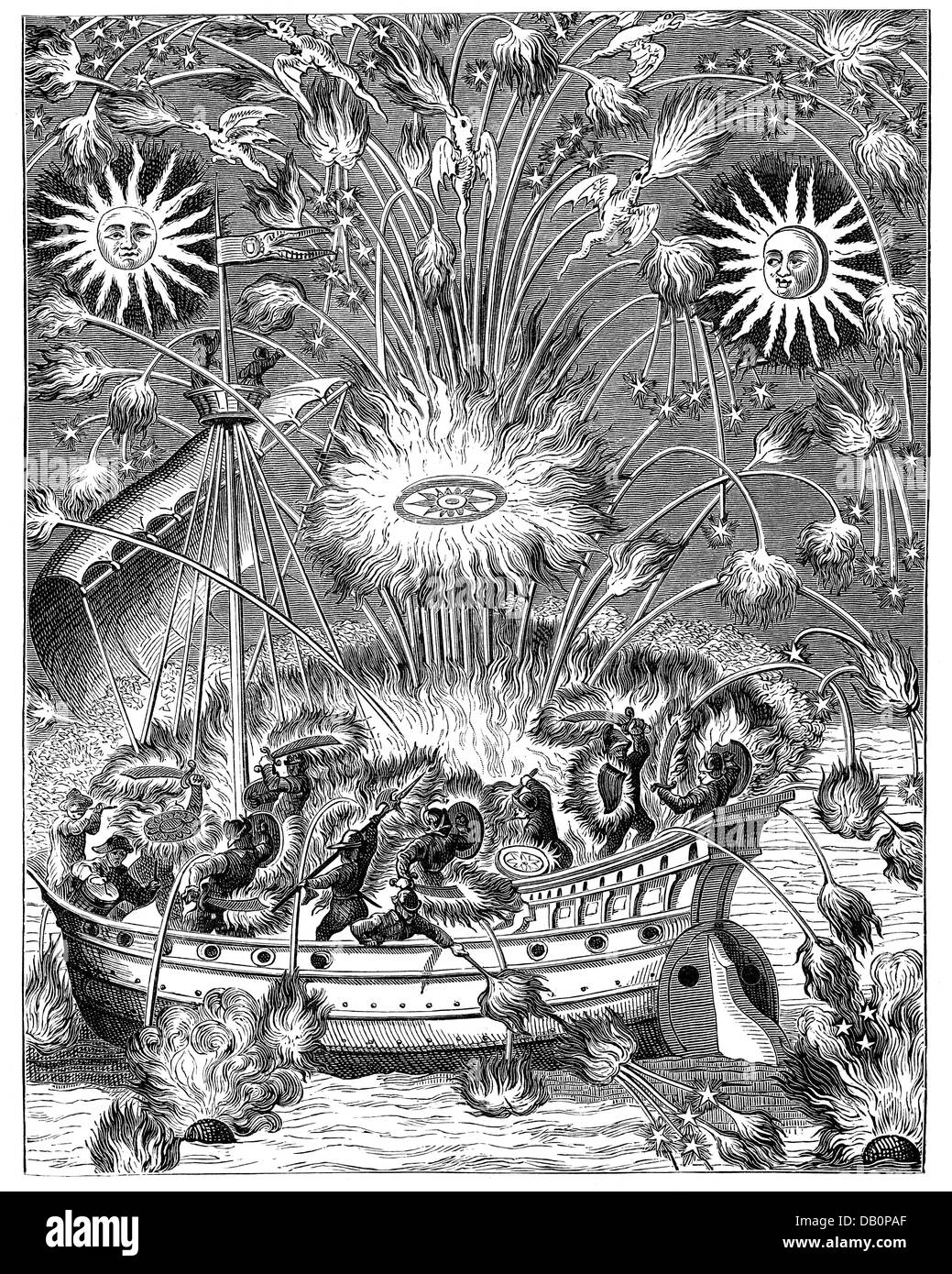 Feste, fuochi d'artificio, acqua fuochi d'artificio, girandole tra due suns, l'immaginazione di una battaglia navale, incisione su rame, dalle attività di Jean Apier chiamato Hanzelet (* 1609), xvii secolo XVII secolo, Francia, grafica, grafica, girandole, girandoles, sun, Suns, rucola, missili, razzi, missili, uccelli, uccelli, fuoco, nave a vela, le navi a vela, soldati, soldato, lotte, combattimenti, combattere la battaglia navale, battaglie navali, storico, storico, persone, artista del diritto d'autore non deve essere cancellata Foto Stock