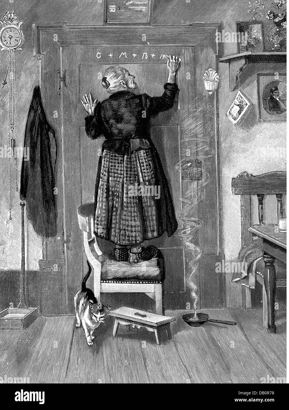 Festività, Capodanno, 'De neuen Jahrhunderts Anfang' (inizio di un nuovo secolo), dopo la pittura, di Martin Trigler (* 1867), incisione in legno, di H.Gedan, da: 'Daheim', volume 36, Lipsia, 1899 / 1900, diritti aggiuntivi-clearences-not available Foto Stock