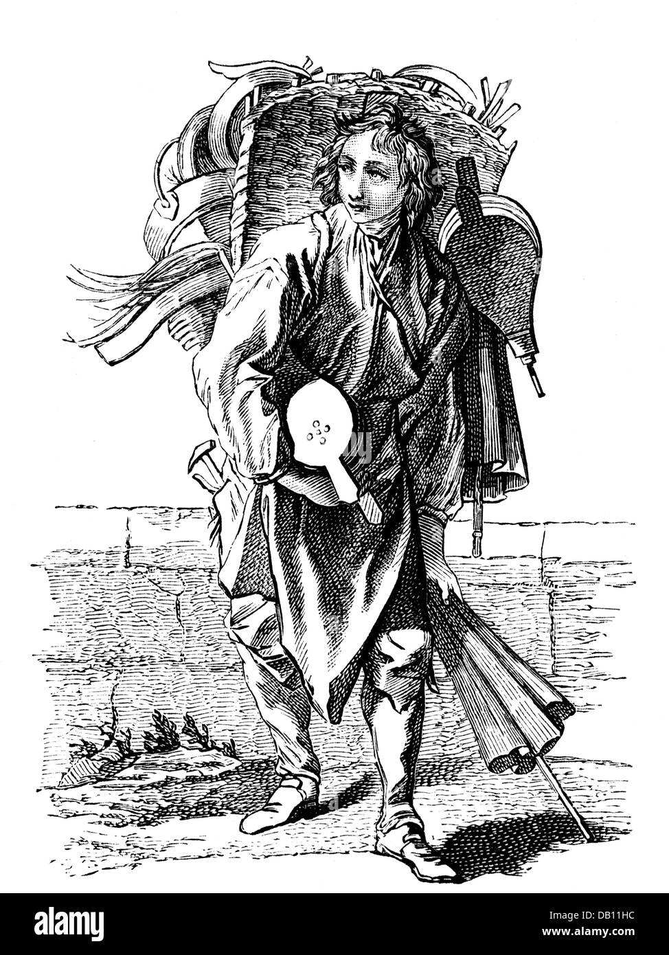 Commercio, peddle, merchant per soffietto, dopo Francois Boucher, (1703 - 1770), incisione su rame, XVIII secolo XVIII secolo, grafica, grafica, professione, professioni peddler, venditori ambulanti, mercanti, fornitore vender, i fornitori, i produttori, commerciante, artigiano, artigiani, artigiano, craftspersons, artigiani, tradesman, commercianti, ull lunghezza, camminando a piedi, andando, andare portando, trasportare, basket, ceste, coppia di soffietti, sacchetto a soffietto, pompe a pedale, riparazione riparazione, peddle, peddling, storico, storico, maschio, uomo tra uomini, artista del diritto d'autore non deve essere cancellata Foto Stock