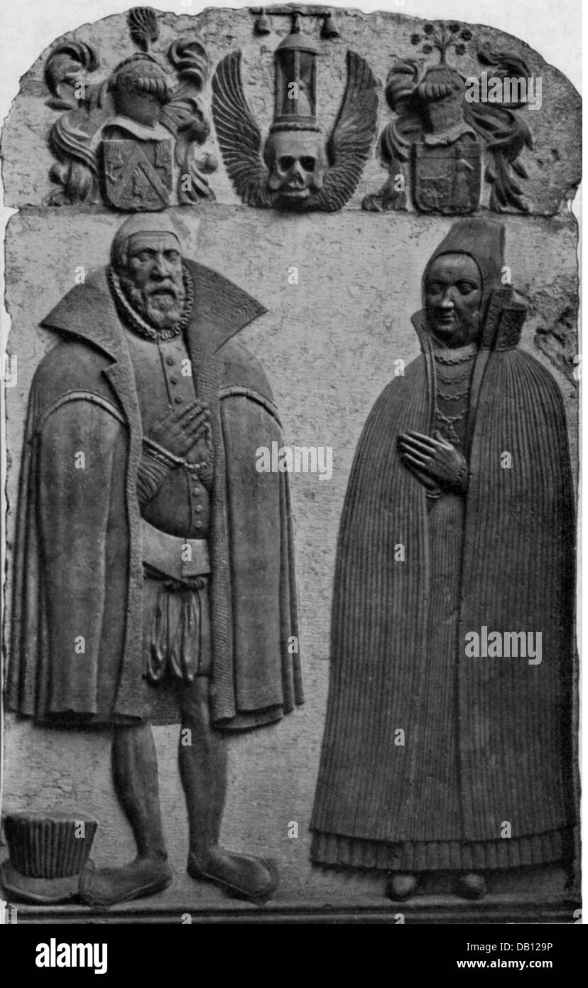 Belle arti, lapide, epitaffi per Joachim Klinkow (1515 - 1601), sindaco di Stralsund e sua seconda moglie Anne Völschow (+ 1609), 1601, pietra, Chiesa di San Nicola, Stralsund, diritti aggiuntivi-clearences-non disponibile Foto Stock