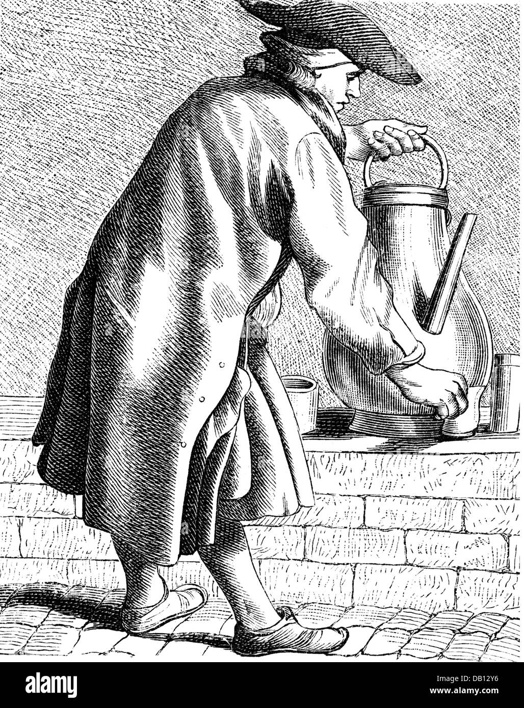 Persone, professione, fornitore di caffè a piena lunghezza e incisione su rame, da Edme Bouchardon (1698 - 1762), dalla serie 'Les Cris de Paris", 1737 - 1742, Da: Paul Lacroix, 'aspetto de Paris au XVIII siecle', Parigi, 1875, artista del diritto d'autore non deve essere cancellata Foto Stock