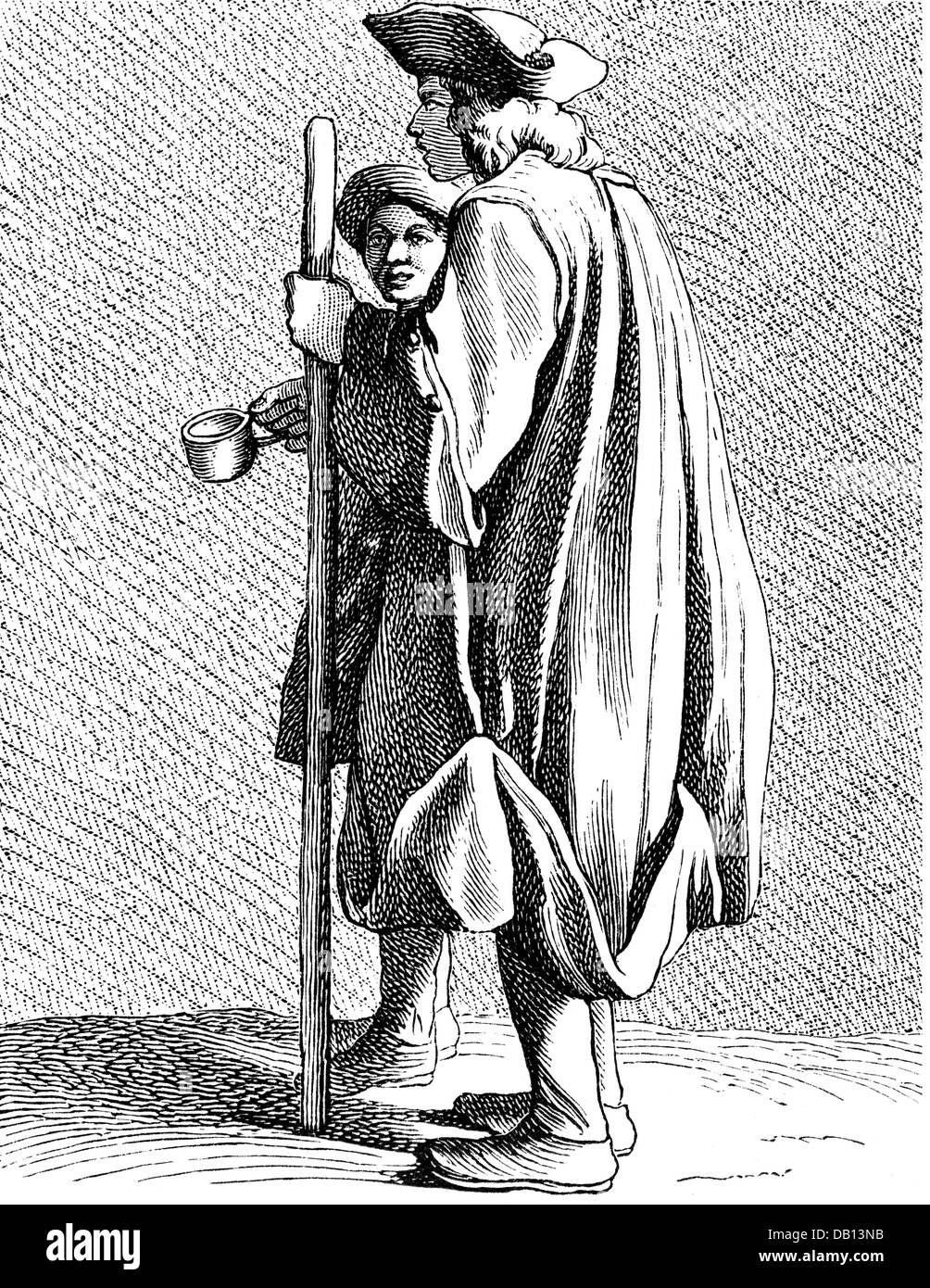 Persone, necessità e miseria, uomo cieco dalla Hopital della Quinze-Vingts a piena lunghezza e incisione su rame, da Edme Bouchardon (1698 - 1762), dalla serie 'Les Cris de Paris", 1737 - 1742, Da: Paul Lacroix, 'aspetto de Paris au XVIII siecle', Parigi, 1875, artista del diritto d'autore non deve essere cancellata Foto Stock