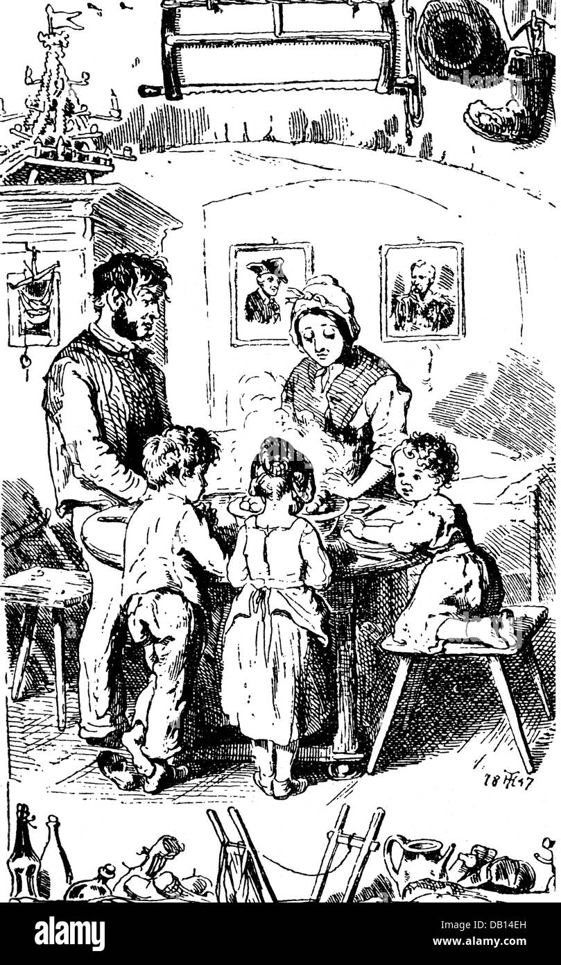 Gastronomia, pasti, famiglia di un lavoratore del legno che dice grazia, incisione del legno, 1847, diritti aggiuntivi-clearences-non disponibile Foto Stock