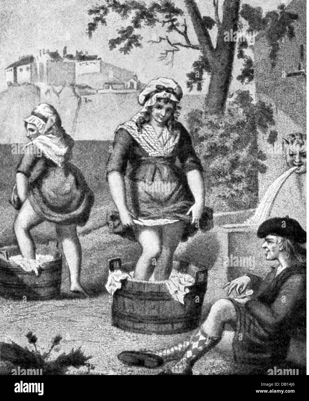 Domestico, lavaggio, Scottish lavandaie, da Issac Cruikshank (1756 - 1811), incisione su rame, 1773, artista del diritto d'autore non deve essere cancellata Foto Stock